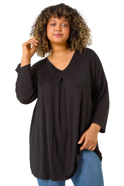 Roman Black Curve V-Neck Pleat Tunic Top