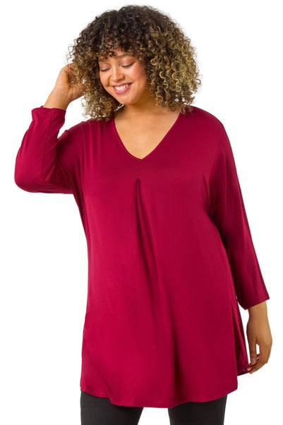 Roman Maroon Curve V-Neck Pleat Tunic Top