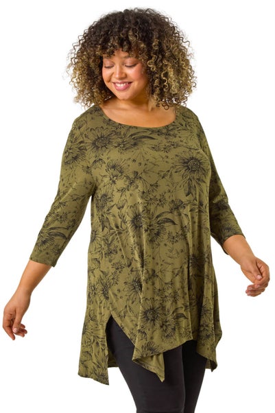 Roman Khaki Curve Floral Bar Back Top