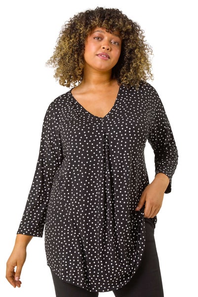 Roman Black Curve V-Neck Spot Print Tunic