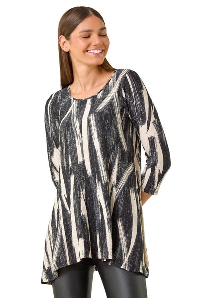 Roman Beige Brush Print Hanky Hem Stretch Tunic Top