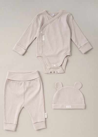 Homegrown Beige  3-Piece Ribbed Bodysuit, Joggers and Bear Hat Set