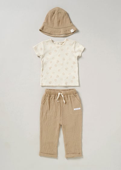 Homegrown Beige Under the Sea Print 3-Piece T-shirt, Trousers and Reversible Bucket Hat Outfit Set