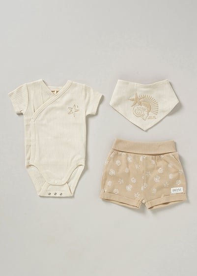 Homegrown Beige Under the Sea 3-Piece Bodysuit Shorts and Reversible Bib Set