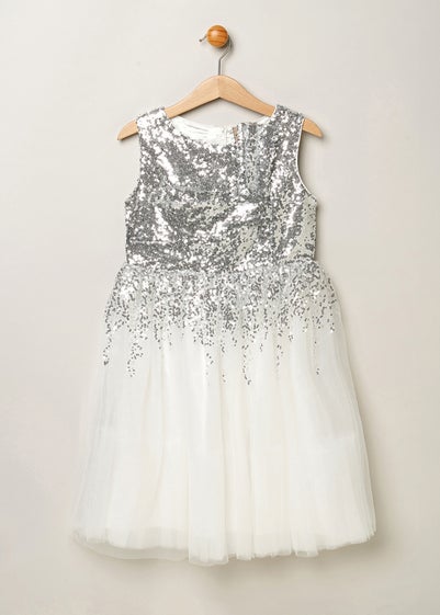 Miss White Sequin Twist Bow Waterfall Dress