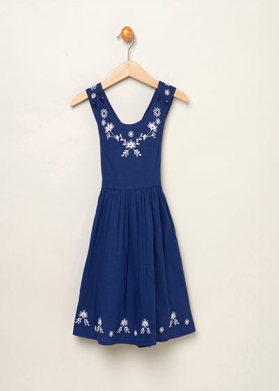 Miss Navy Floral Embroidered Dress with Cross Over Straps