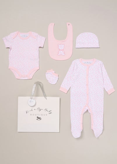 Rock a Bye Baby Pink  Floral Bear Print 5-Piece Hanging Gift Set