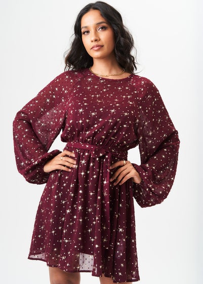 Gini London Burgundy Star Print Long Sleeve Mini Dress