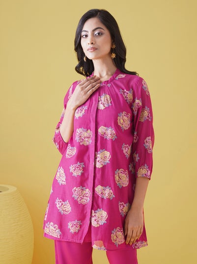 Women Pink Cotton Silk Printed Mandarin Collar Loose Fit Tunic