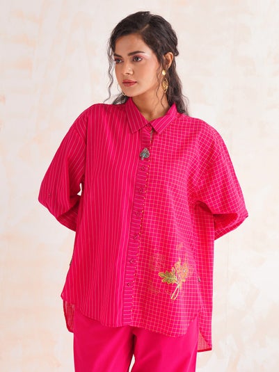 Women Pink Cotton Printed Shirt Collar Loose Fit Shirt - S-M