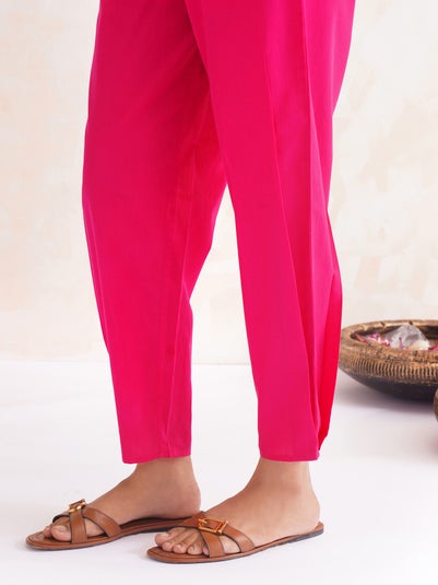 Women Pink Cotton Solid Ankle Length Loose Fit Pant - S