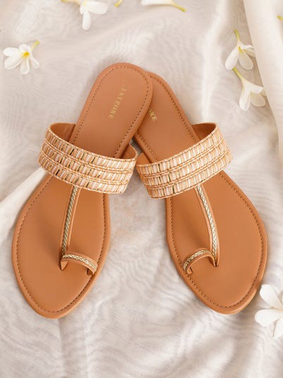 Women Beige Brown Leather Embellished Flats - EU-36