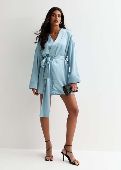 Gini London Light Blue Satin Tie Side Wide Sleeve Mini Dress