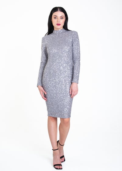 Gini London Grey Sequin High Neck Bodycon Dress