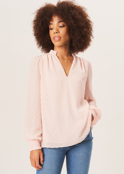 Gini London Light Pink Dobby Chiffon Frill Neck Blouse