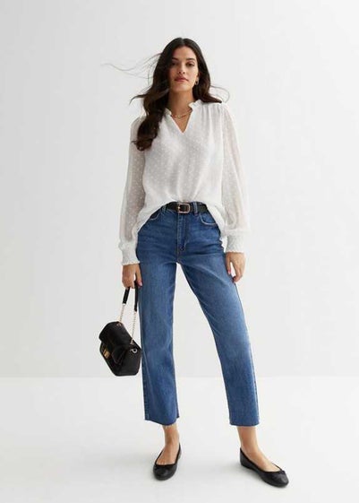 Gini London White Dobby Chiffon Frill Neck Blouse