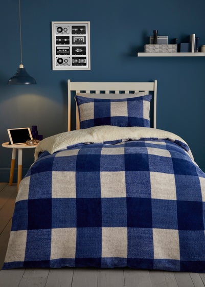 Bedlam Cosy Theo Check Blue Plush Duvet Cover Set