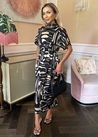 AX Paris Black Geometric Pattern High Neck Wrap Skirt Midi Dress