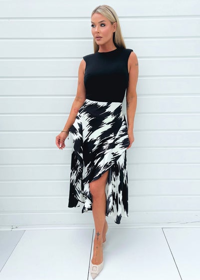 AX Paris Black And White Printed 2 In 1 Double Frill Split Midi Dress