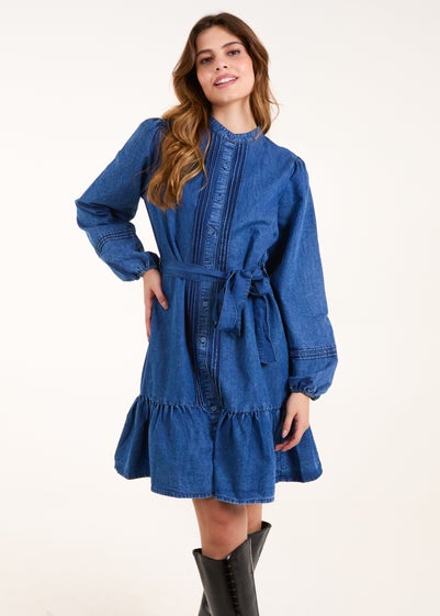 Blue Vanilla Denim Pintuck Belted Chambray Dress