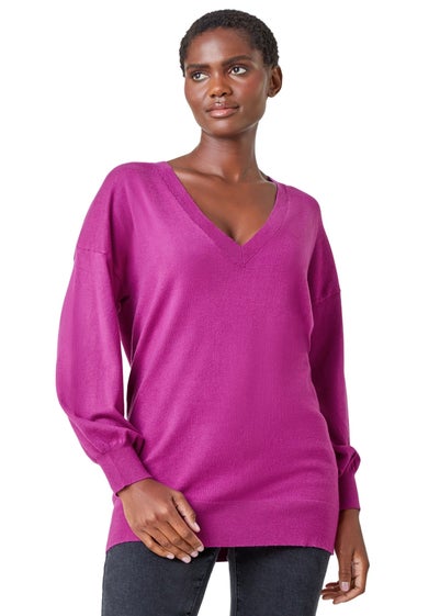 Roman Magenta Plain Stretch V-Neck Longline Jumper