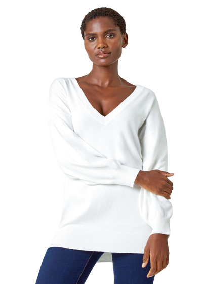 Roman Ivory Plain Stretch V-Neck Jumper