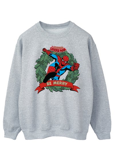 Marvel Spider-Man Be Merry Wreath Men Heather Grey Sweatshirt