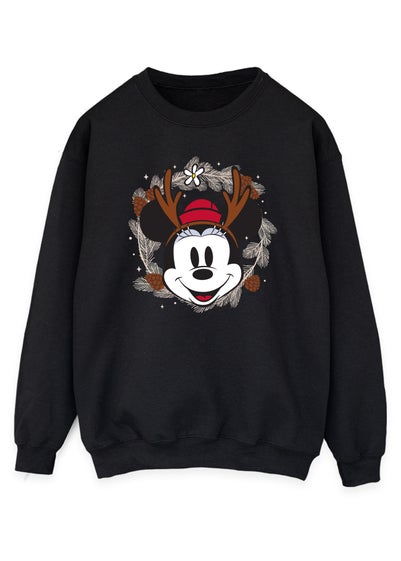 Disney Minnie Mouse Reindeer Wreath Women Black Sweatshirt