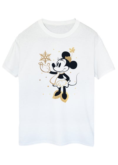 Disney Minnie Mouse Christmas Golden Snow Women White Boyfriend Fit T-Shirt