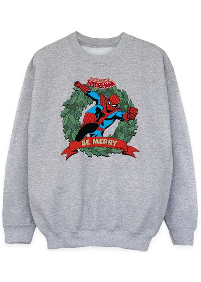 Marvel Spider-Man Be Merry Wreath Boys Heather Grey Sweatshirt (3-13 Years)