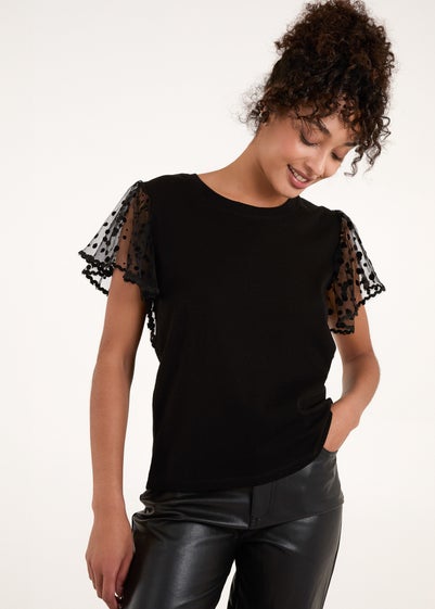 Blue Vanilla Black Polka Dot Mesh Sleeve T-Shirt