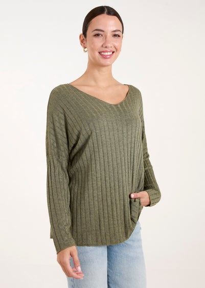 Blue Vanilla Khaki V-Neck Ribbed Jumper