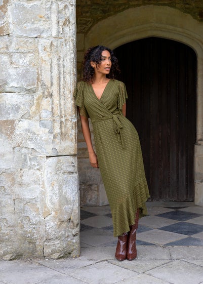 Blue Vanilla Khaki Lace Wrap Midi Dress