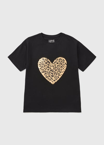 Girls Black Sequin Leopard Heart T-Shirt (7-15yrs)