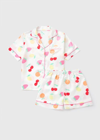 Girls White Fruit Satin Pyjama Set (4-13yrs)