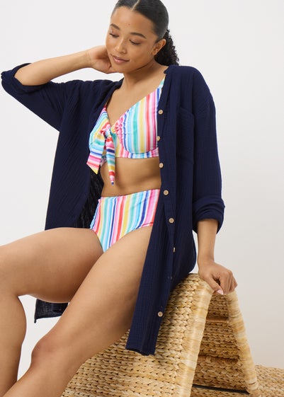 Navy Double Cloth Cotton Beach Shirt