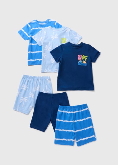 3 Pack Boys Blue Palm Top & Shorts Set (7-13yrs)