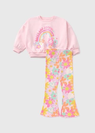 Girls Pink Rainbow Flower Sweatshirt & Flare Set (1-7yrs)