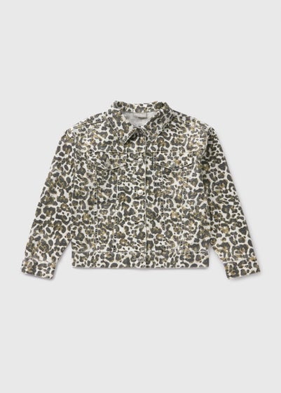 Girls Cream Leopard Print Denim Jacket (7-15yrs) - Age 7 Years