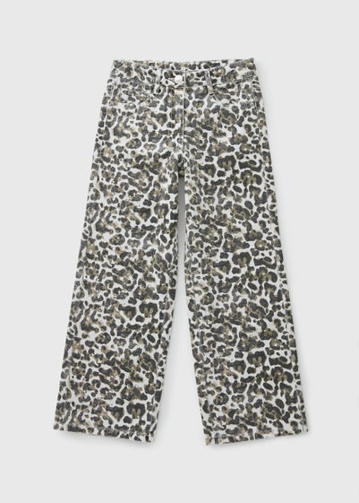 Girls Cream Leopard Wide Leg Jeans (7-15yrs) - Age 7 Years