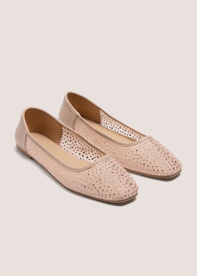 Nude Diamante Mesh Ballet Flats