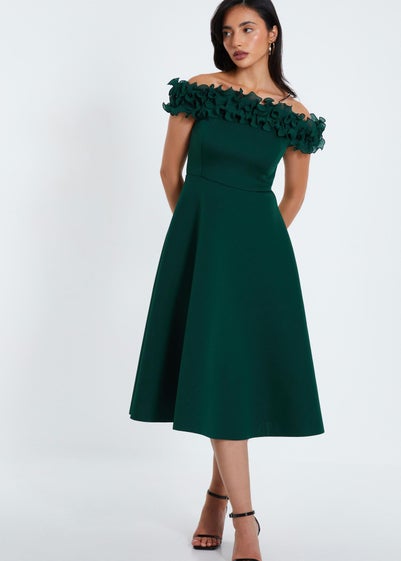 Quiz Green Bardot Ruffle Skater Midi Dress