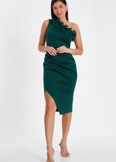 Quiz Green One Shoulder Ruched Midi Dress