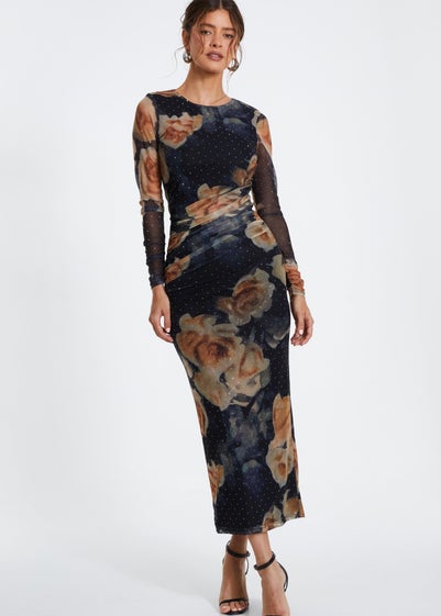 Quiz Black Floral Mesh Midaxi Dress