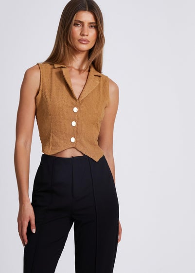 Quiz Brown Textured Button Down Sleeveless Waistcoat