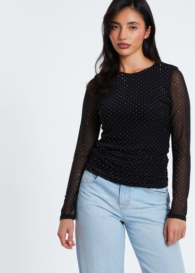 Quiz Black Mesh Stud Detail Top