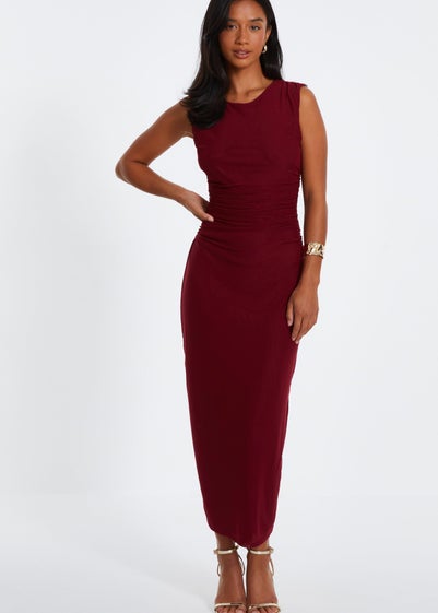 Quiz Red Petite Mesh Ruched Midaxi Dress