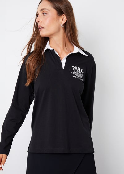 Threadbare Black Apollo Paris Embroidery Rugby Shirt