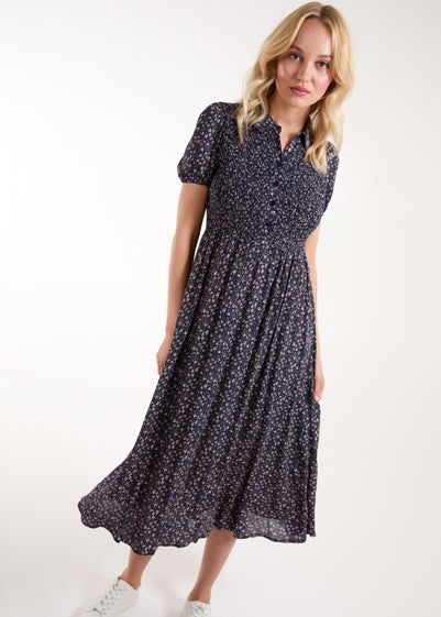 Blue Vanilla Navy Puff Sleeve Shirred Midi Shirt Dress