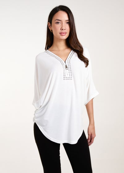 Blue Vanilla Ivory Studded Zip Front Top